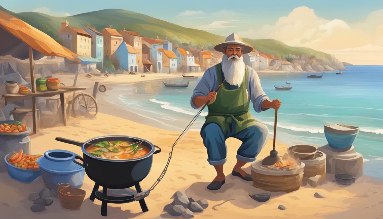 A fisherman cooking a pot of steaming fish soup over an open fire on a sandy beach, surrounded by colorful fishing boats and a coastal village