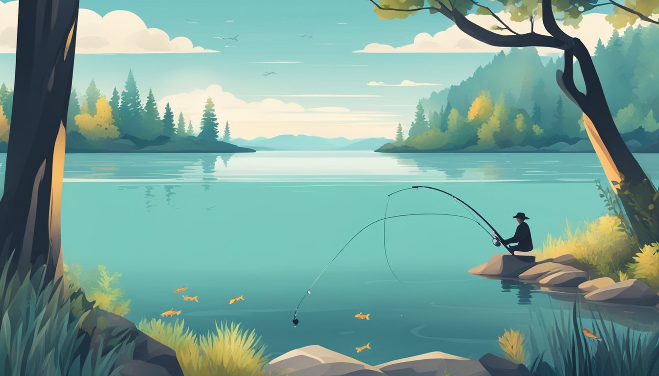 A person fishing from the shore with a simple rod and reel, surrounded by a serene lake or river, with a variety of fish swimming in the clear water