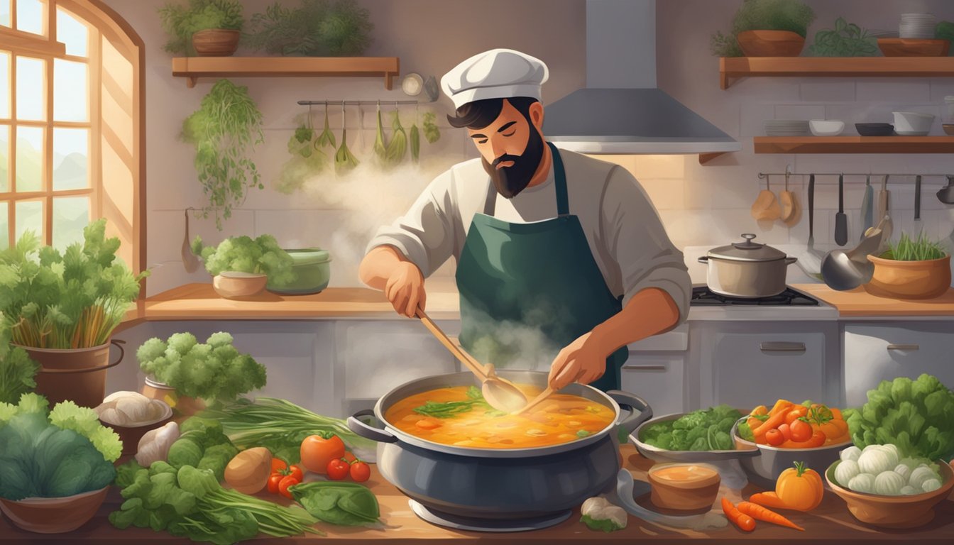 A fisherman prepares a pot of simmering soup, surrounded by fresh vegetables and herbs. The steam rises as the ingredients meld together in a cozy kitchen setting