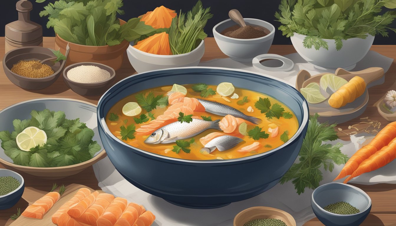 A steaming bowl of fish soup sits on a table, surrounded by ingredients like herbs, vegetables, and spices. The scene evokes a sense of comfort and tradition, with cultural elements subtly incorporated