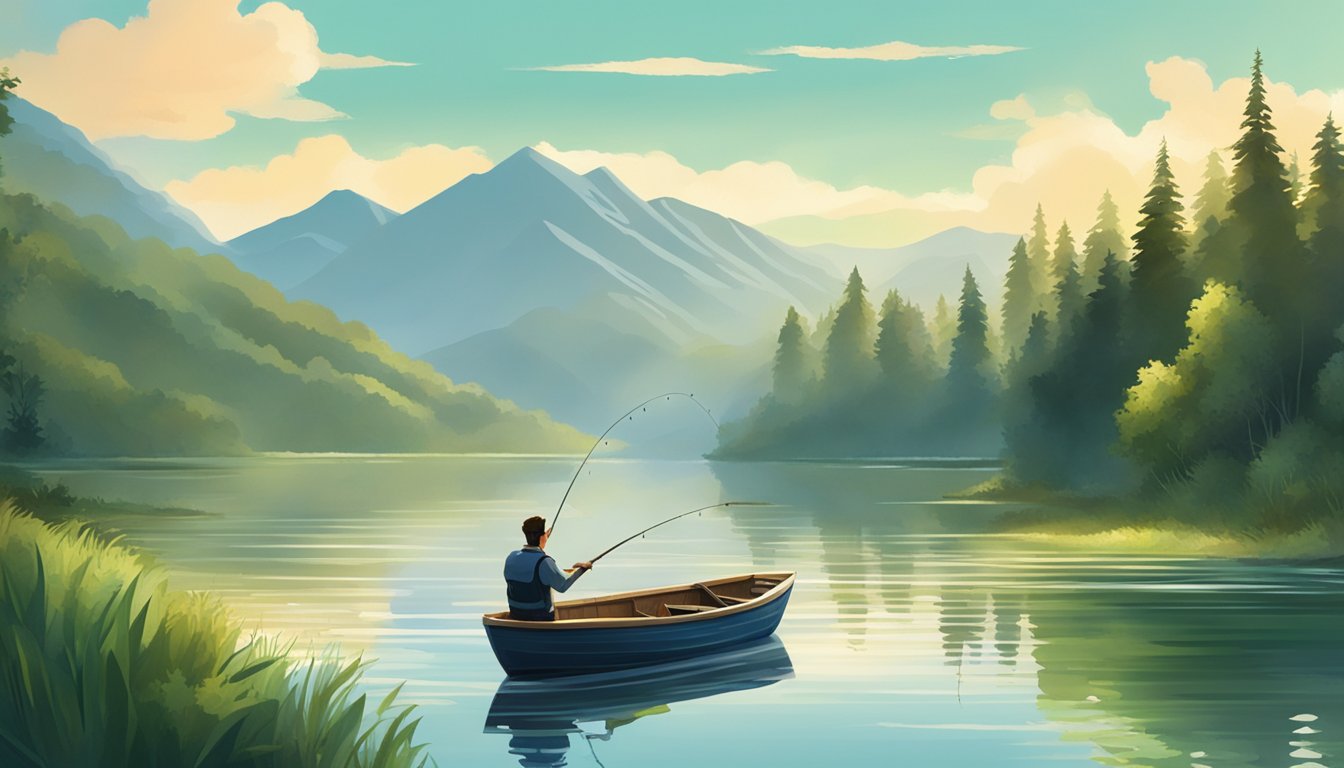 A person fishing from a small boat on a calm, sunlit lake, surrounded by lush greenery and mountains in the background