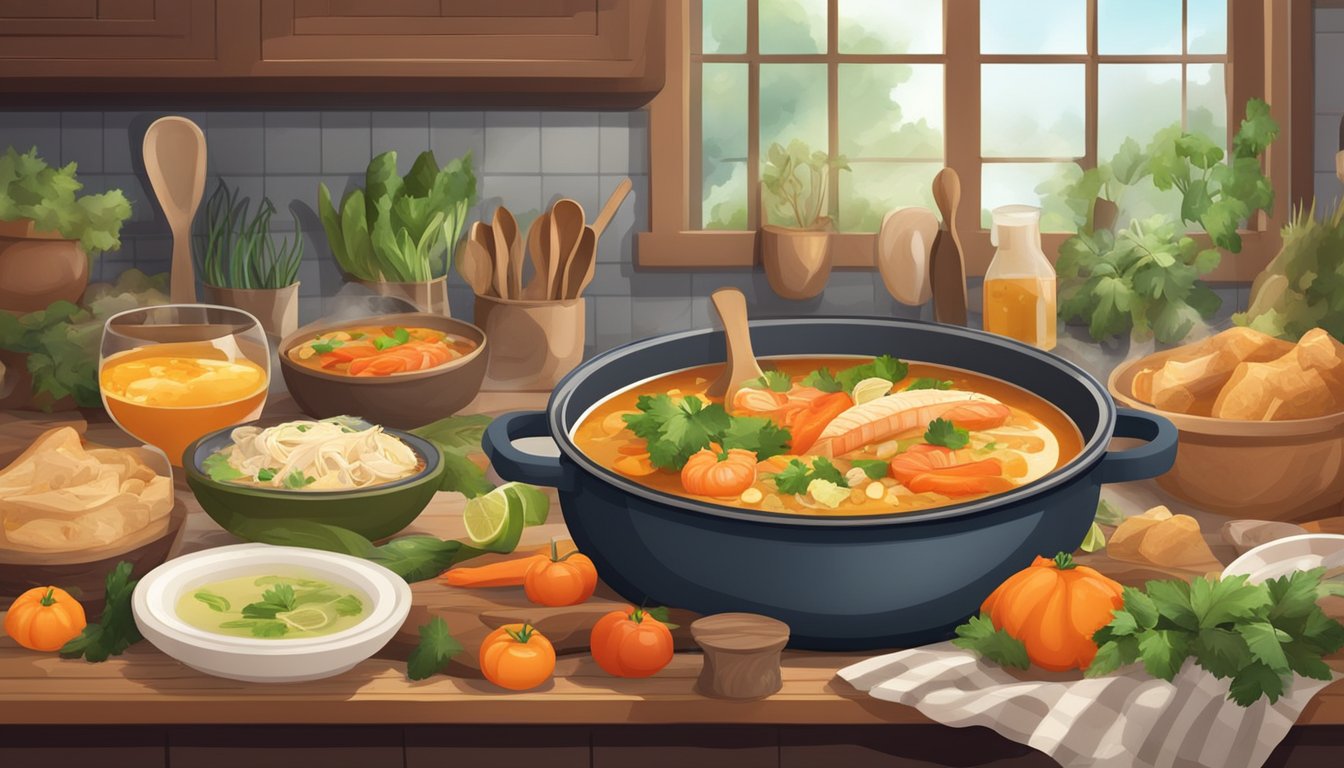 A cozy kitchen with a pot of simmering fish soup, surrounded by fresh ingredients and cooking utensils. A warm, inviting atmosphere with the aroma of comfort food