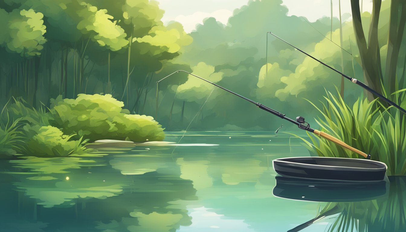 A small, tranquil pond surrounded by lush greenery, with a simple fishing rod and bait floating on the water's surface, ready for someone to catch their dinner