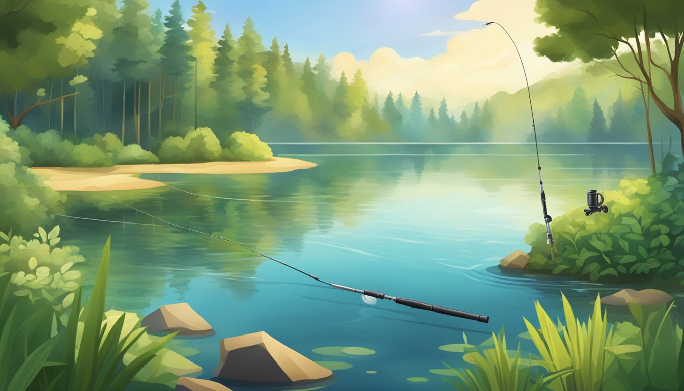 A serene lake surrounded by lush greenery, with a fishing rod and reel set up on the shore. A variety of fish swimming in the clear water