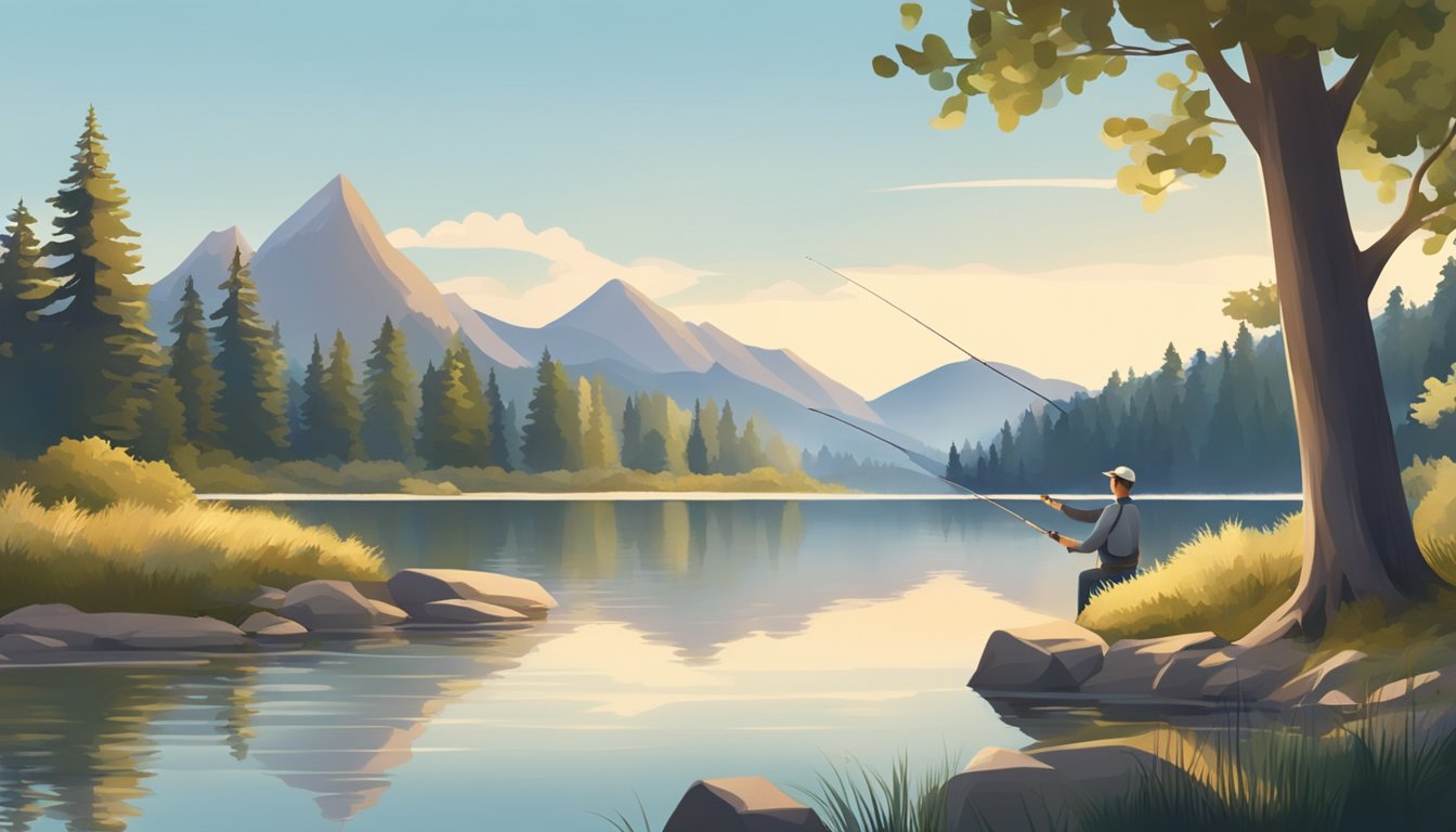 A person fishing from the shore with a simple rod and reel, surrounded by a tranquil lake or river with trees and mountains in the background