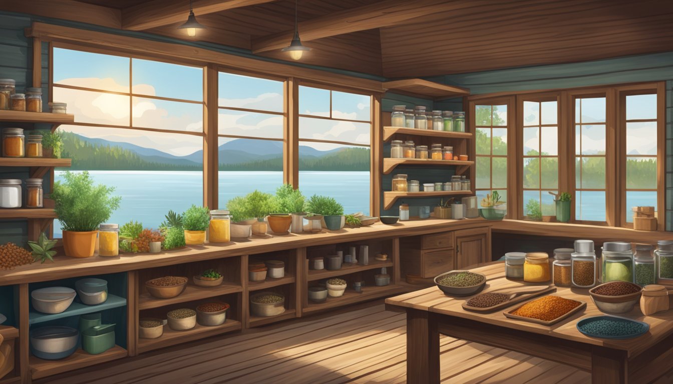 A rustic fishing lodge with shelves of spices, herbs, and cooking utensils, next to a window overlooking a serene lake