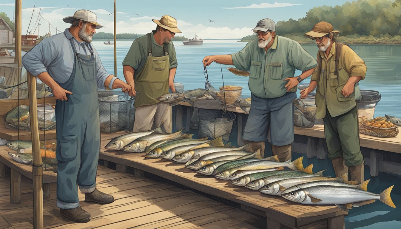 A group of fishermen displaying their freshly caught fish on a dock, with a variety of fish species and sizes on display