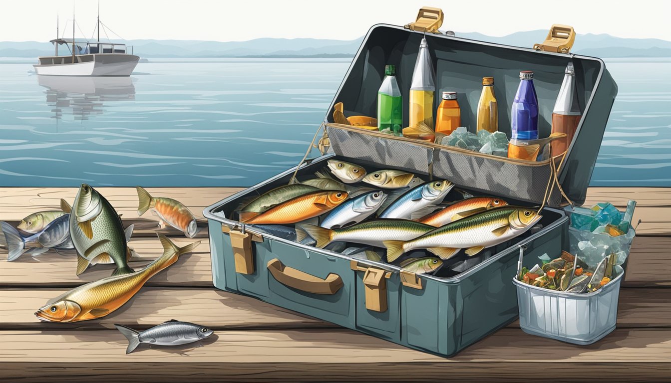 A rustic fishing tackle box filled with lures, bait, and tackle sits open on a weathered wooden dock, surrounded by a cooler of ice and a basket of freshly caught fish