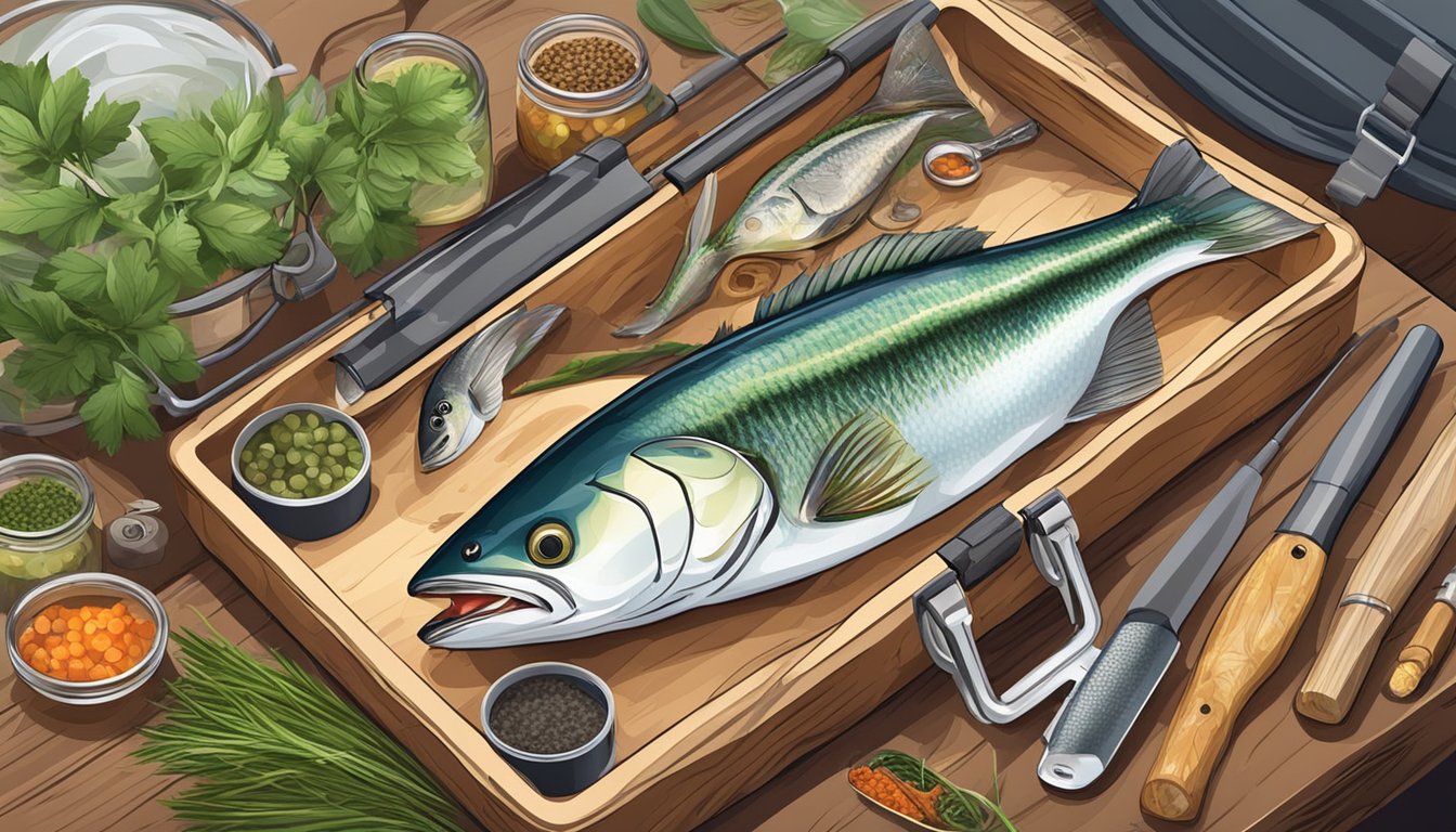 A fishing rod and reel with a tackle box filled with various lures and bait. A cutting board with fresh herbs and spices next to a freshly caught fish