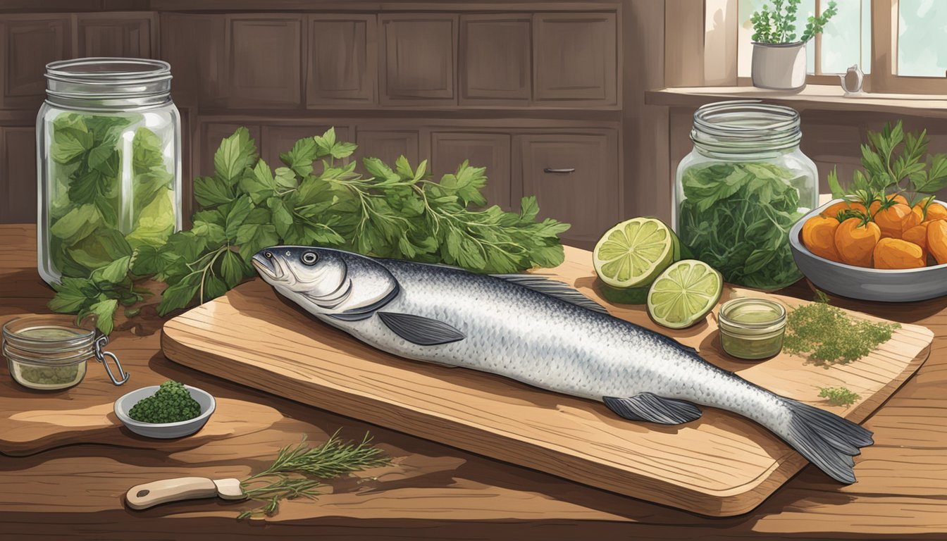 A rustic kitchen with a wooden table holding fresh herbs, spices, and jars of pickling ingredients. A fish is being filleted on a cutting board nearby