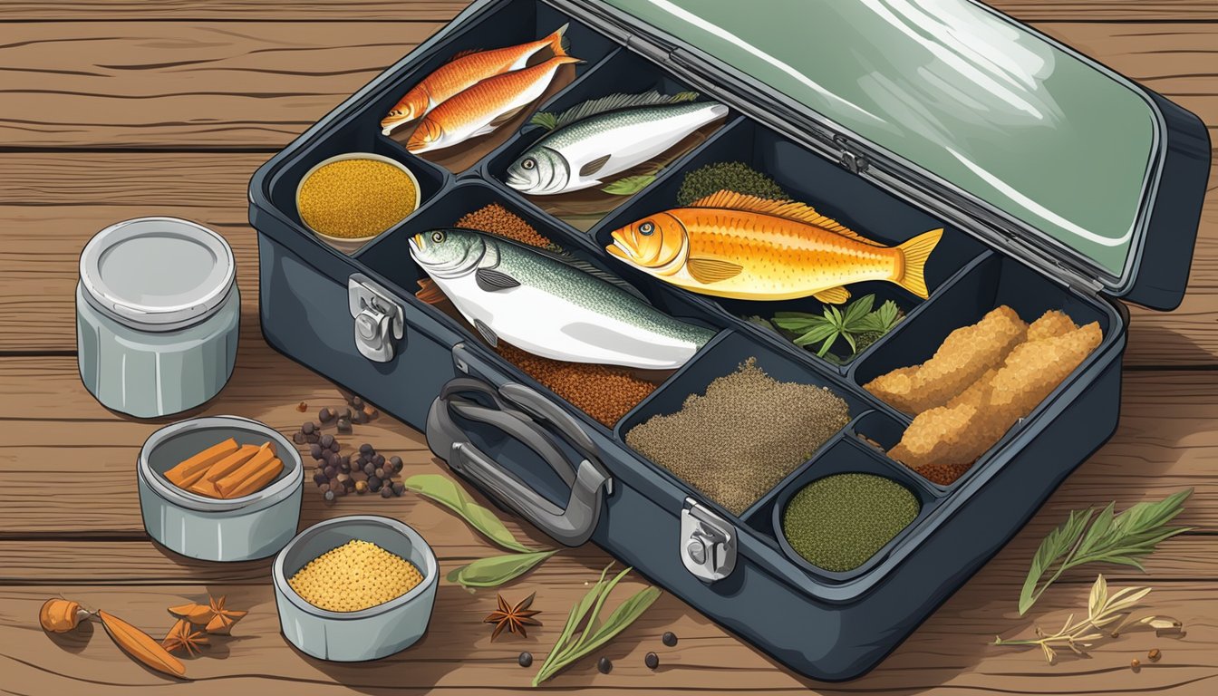 A tackle box open on a wooden table, filled with various spices and seasonings next to a freshly caught fish