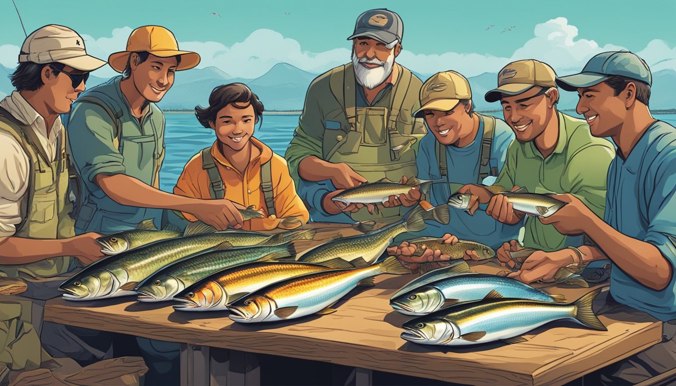 A group of anglers gather around a table, displaying their freshly caught fish for a "catch-and-eat" tournament. The vibrant colors and variety of species create a lively and competitive atmosphere