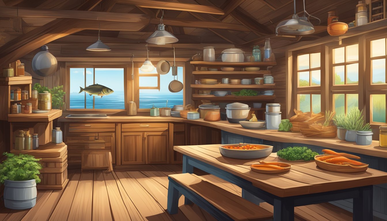 A rustic fishing cabin with a cozy interior, featuring shelves stocked with spices, sauces, and cooking utensils, alongside a fresh catch of fish on a wooden table