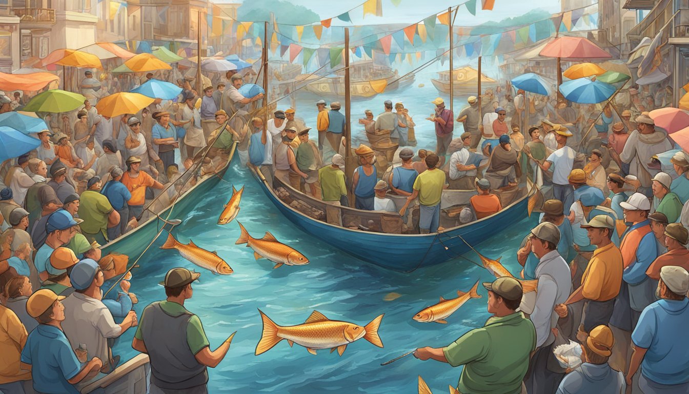 A group of fishermen eagerly reel in their catches, surrounded by a bustling crowd and colorful banners, all vying for the title of tastiest fish