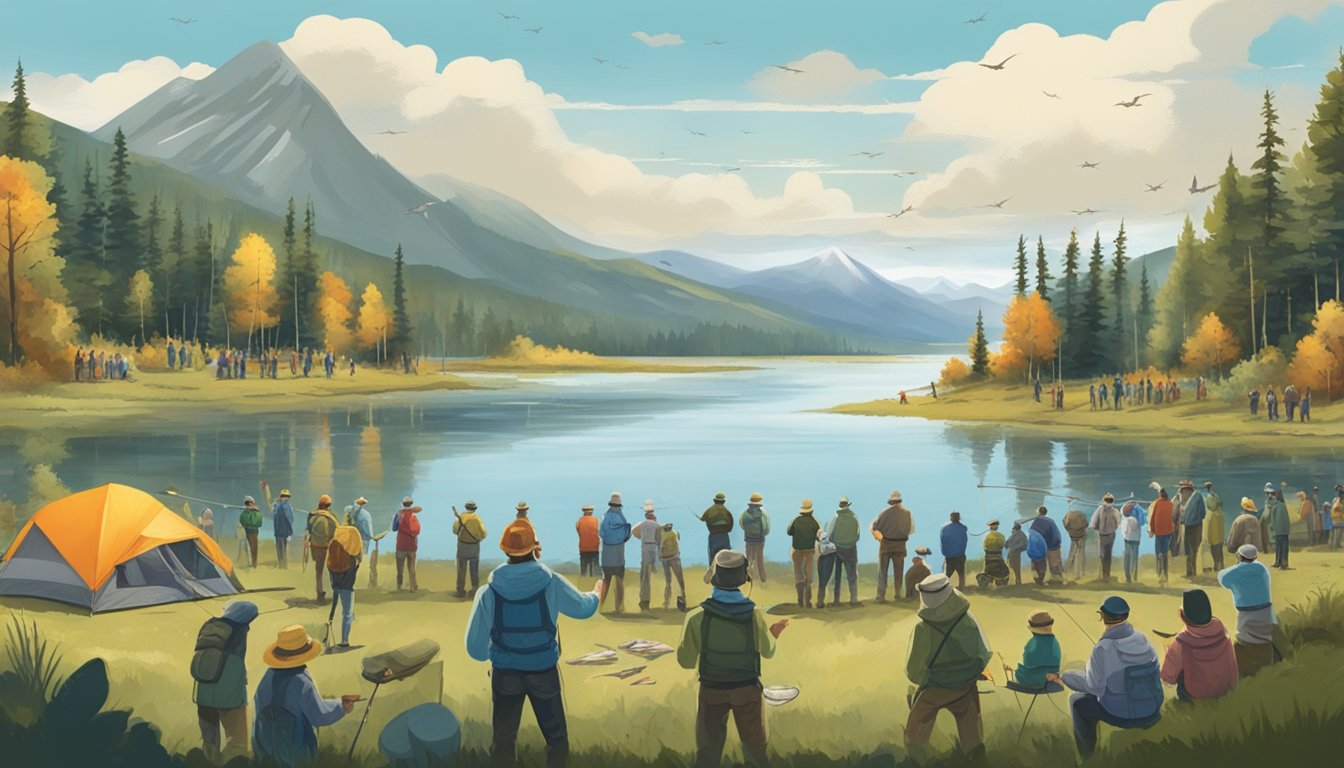 A group of anglers gather around a lake, casting lines and reeling in fish. Tents and banners line the shore, as onlookers cheer for the biggest catch