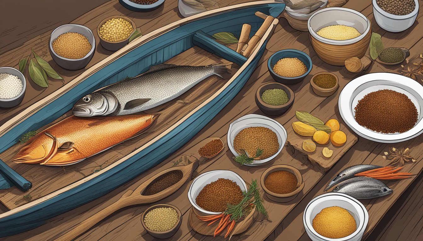 A fishing boat with a variety of spices and seasonings laid out on a table, with freshly caught fish being prepared nearby