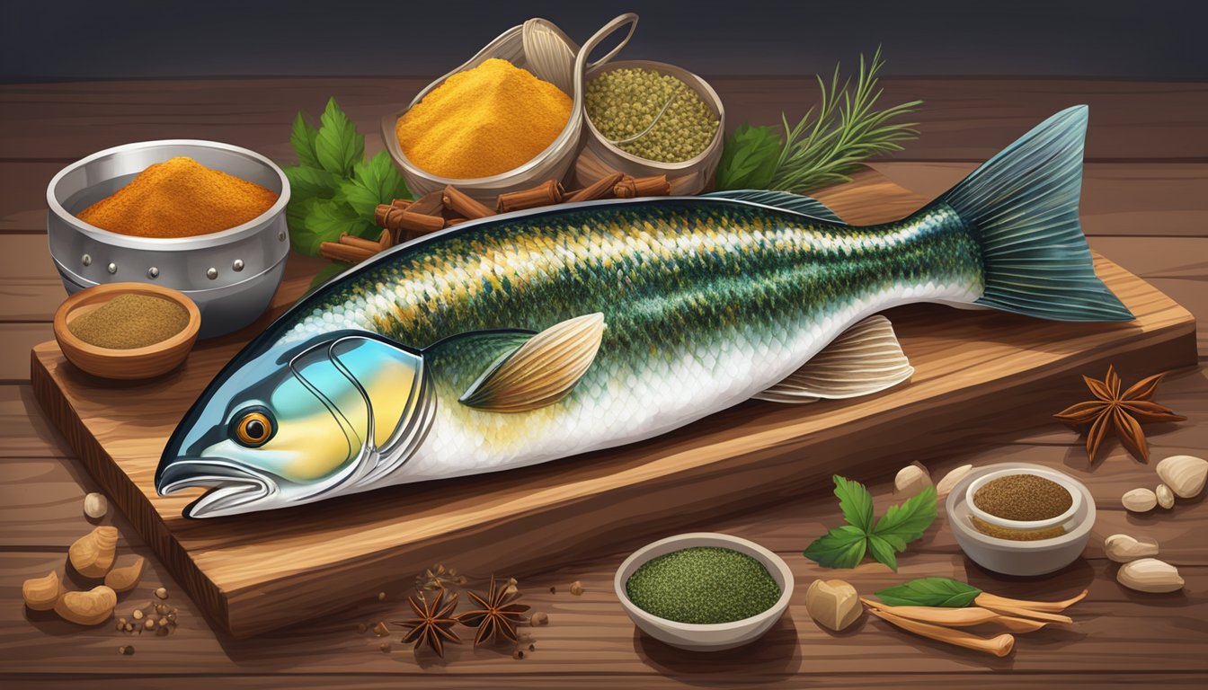 A fishing rod with a variety of spices and seasonings arranged neatly on a wooden rack next to a freshly caught fish