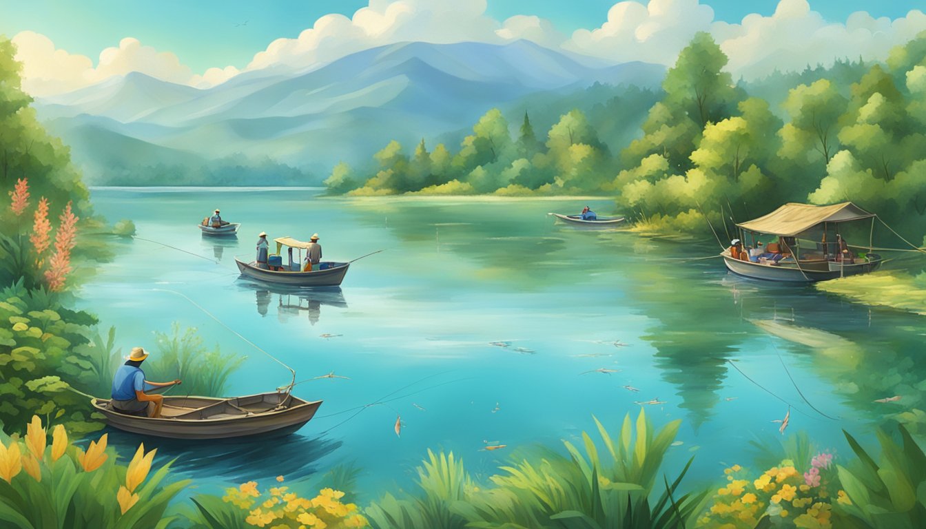 A serene lake surrounded by lush greenery, with fishing boats dotting the water. Fishermen eagerly casting their lines, as colorful fish swim beneath the surface