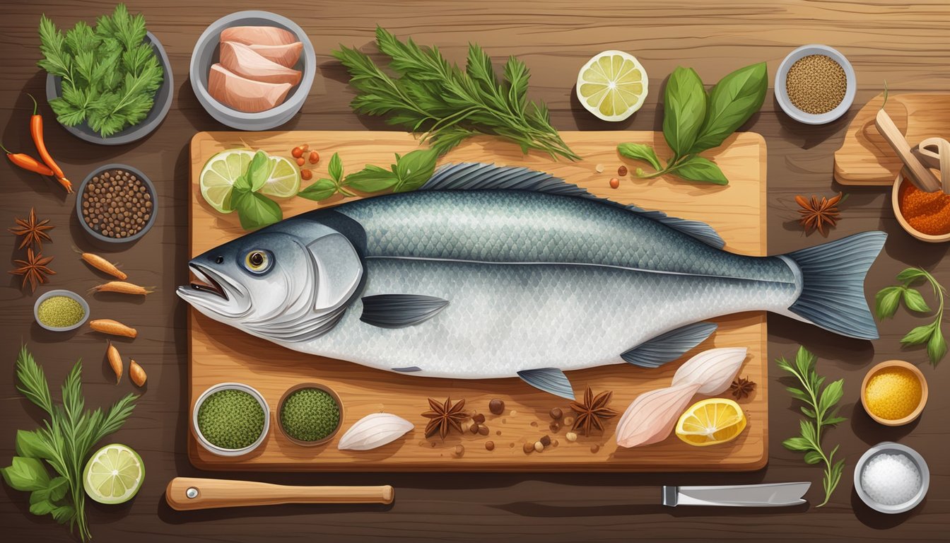 A wooden cutting board with various spices and herbs arranged next to a fresh fish, a knife, and a fishing rod