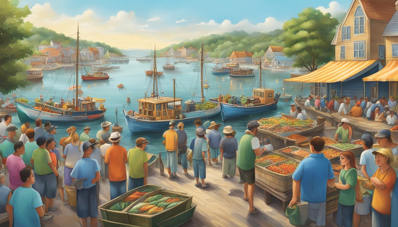 A bustling waterfront with colorful fishing boats, lively music, and a crowd gathered around a large scale for weighing the day's catch