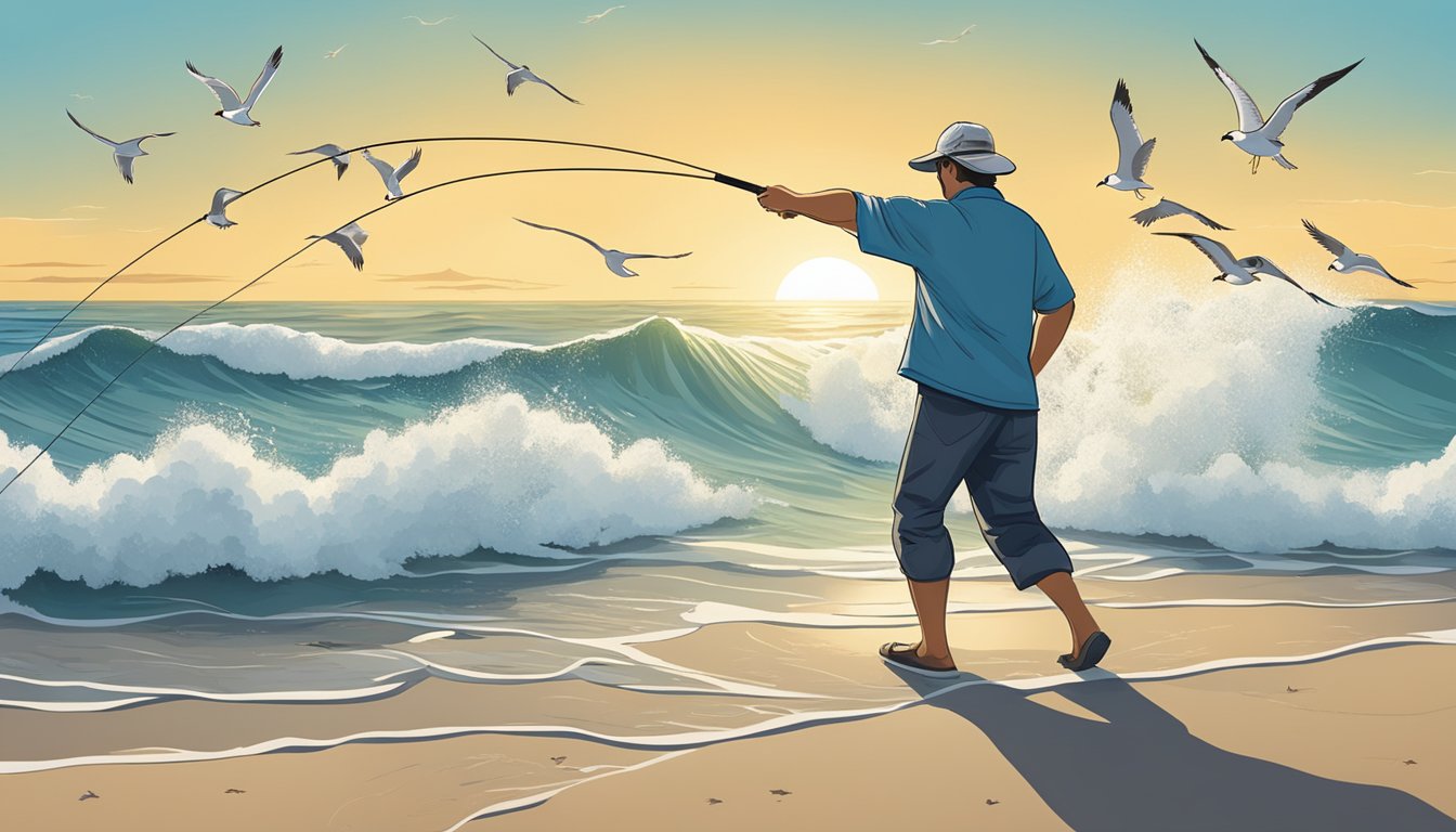 A person casting a fishing line into the ocean from a sandy beach, with seagulls flying overhead and waves crashing in the background