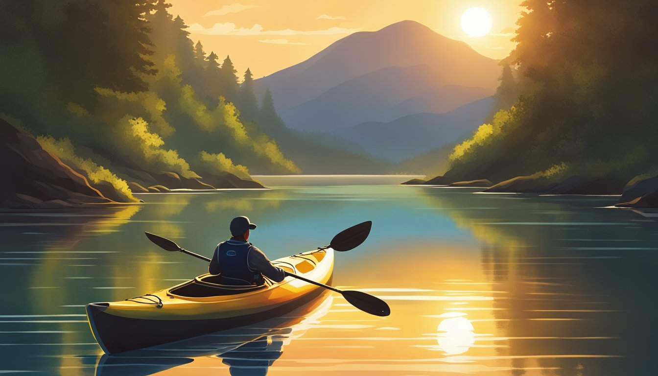 A lone kayak glides through calm, crystal-clear waters surrounded by lush, untouched nature. The sun sets in the distance, casting a warm glow on the serene scene