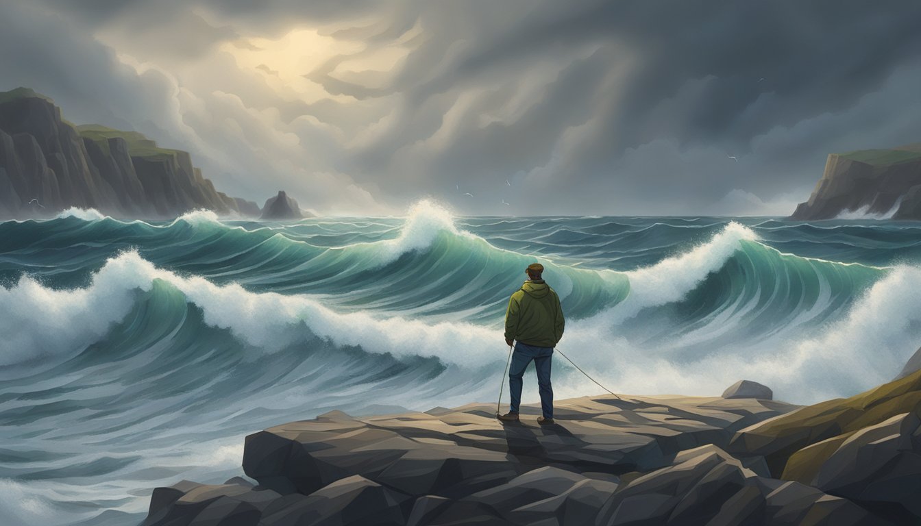 A lone figure casts a fishing line into the waves from a rugged coastal shore, with stormy skies and crashing waves in the background