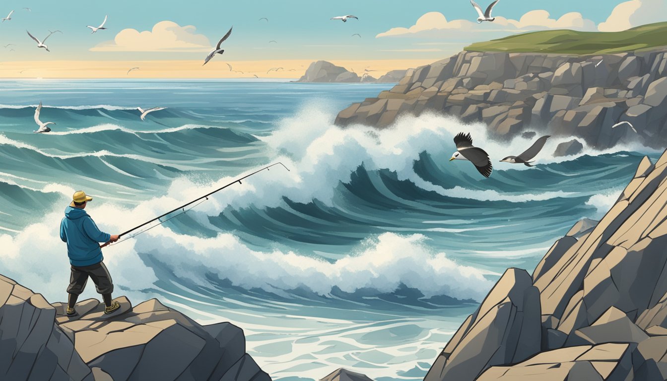 A person fishing on a rocky coast, surrounded by seagulls and the crashing waves, with a guidebook on surf fishing open nearby