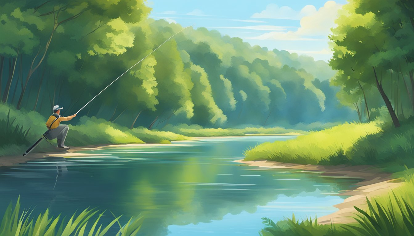 A serene riverbank with a fishing rod casting into the water, surrounded by lush greenery and a clear blue sky above