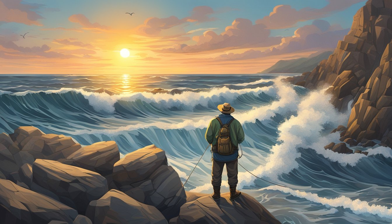 A fisherman stands on a rocky shore, casting a line into the crashing waves. The sun sets over the horizon, illuminating the intricate knots in the rigging