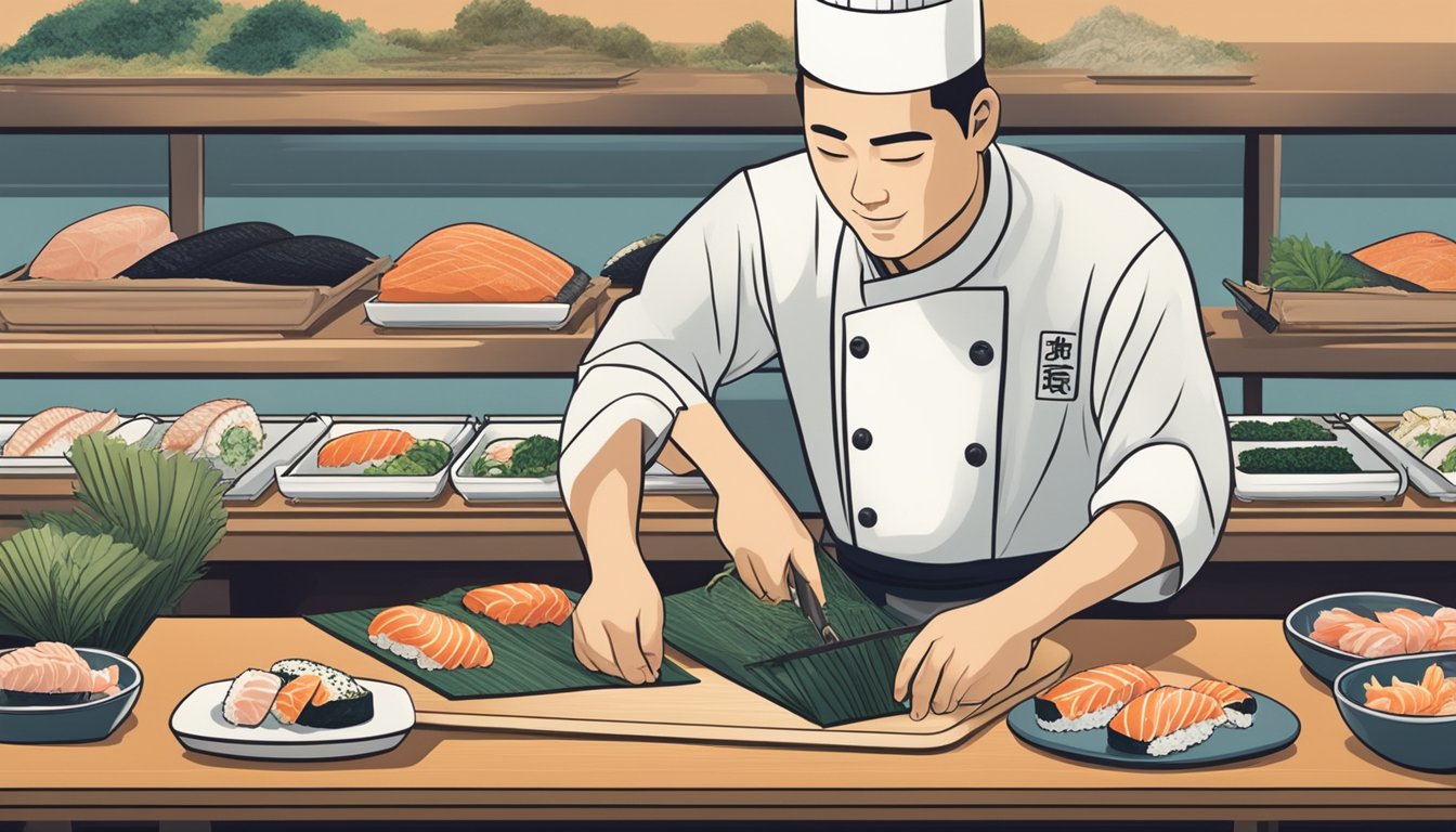 A sushi chef carefully selects and slices fresh fish, while arranging rice and seaweed for crafting sustainable sushi rolls