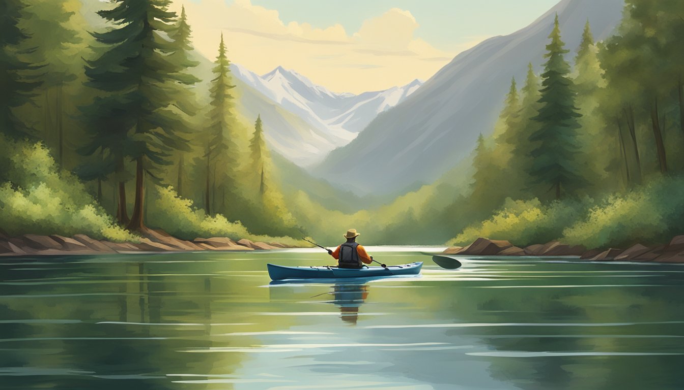 A lone kayak glides through a tranquil, remote waterway, surrounded by lush greenery and towering mountains. The angler casts their line, seeking a pristine catch in the peaceful setting