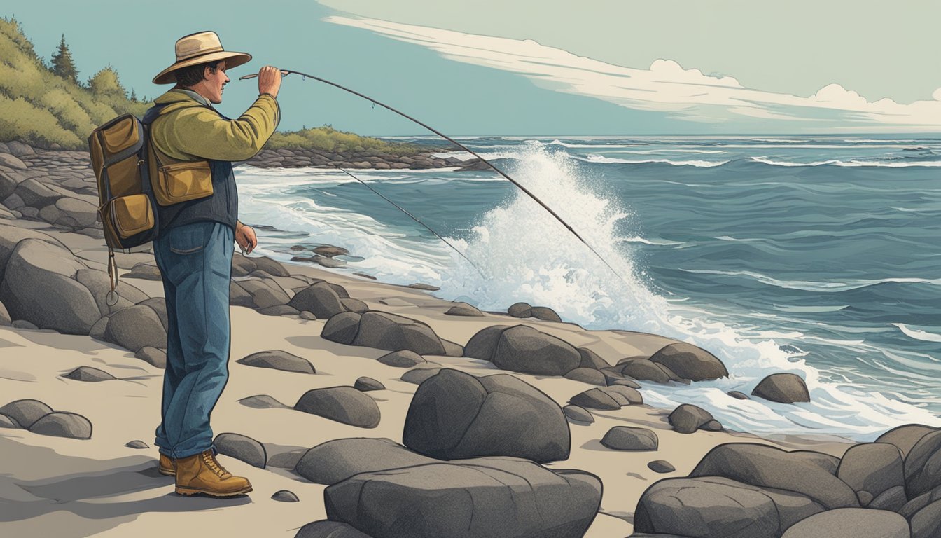 A figure stands on a rocky shoreline, casting a fishing line into the crashing waves. They wear a wide-brimmed hat, fishing vest, and rubber boots, with a tackle box at their feet