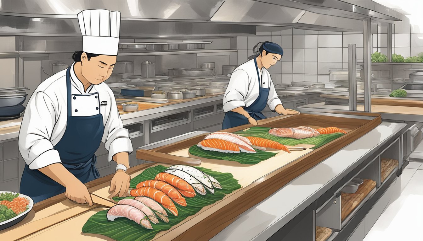 A chef carefully selects fresh, sustainable seafood and vibrant vegetables, skillfully crafting them into beautiful sushi rolls. The kitchen is filled with the sounds of chopping, sizzling, and the gentle swish of the sushi knife