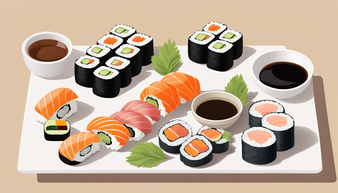 A table set with a variety of sushi pairings and condiments, including soy sauce, wasabi, pickled ginger, and chopsticks, next to a plate of freshly crafted sustainable sushi rolls