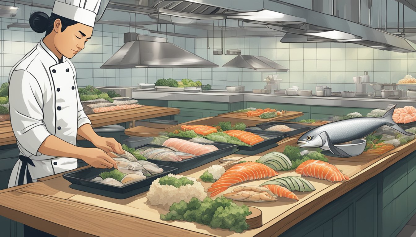 A sushi chef carefully selects fresh, sustainable seafood for crafting rolls in a bustling, eco-friendly kitchen