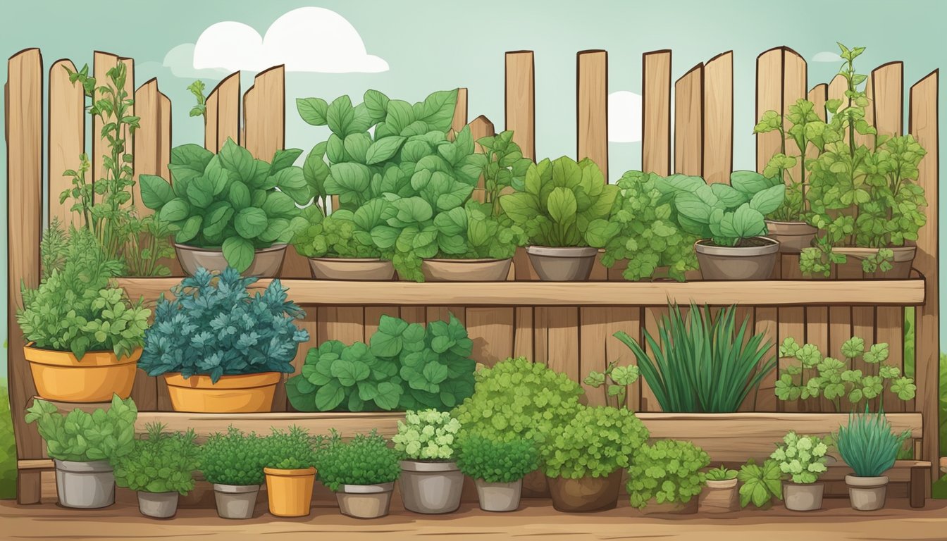 A rustic herb garden with various plants growing in neat rows, surrounded by a wooden fence. A small sign indicates the different culinary uses of each herb