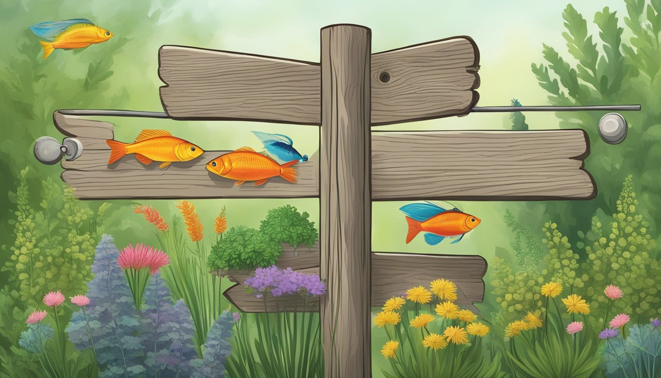 A rustic wooden signpost with fishing lures hanging from it, surrounded by a colorful herb garden filled with plants like dill, parsley, and thyme