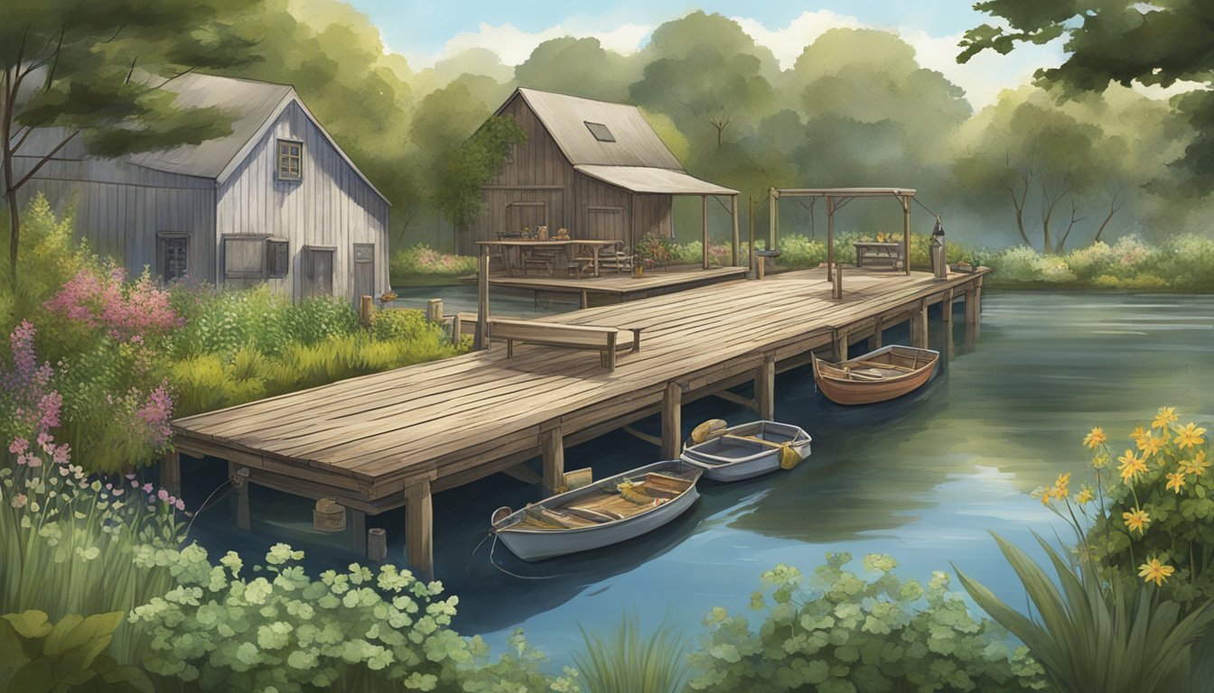 A rustic fishing dock with an adjacent herb garden, featuring various aromatic plants and fishing gear laid out for preparation