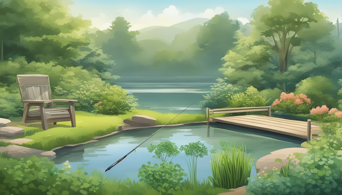 A tranquil garden with aromatic herbs like dill, mint, and parsley growing alongside a serene pond, with fishing gear and a catch of the day displayed nearby