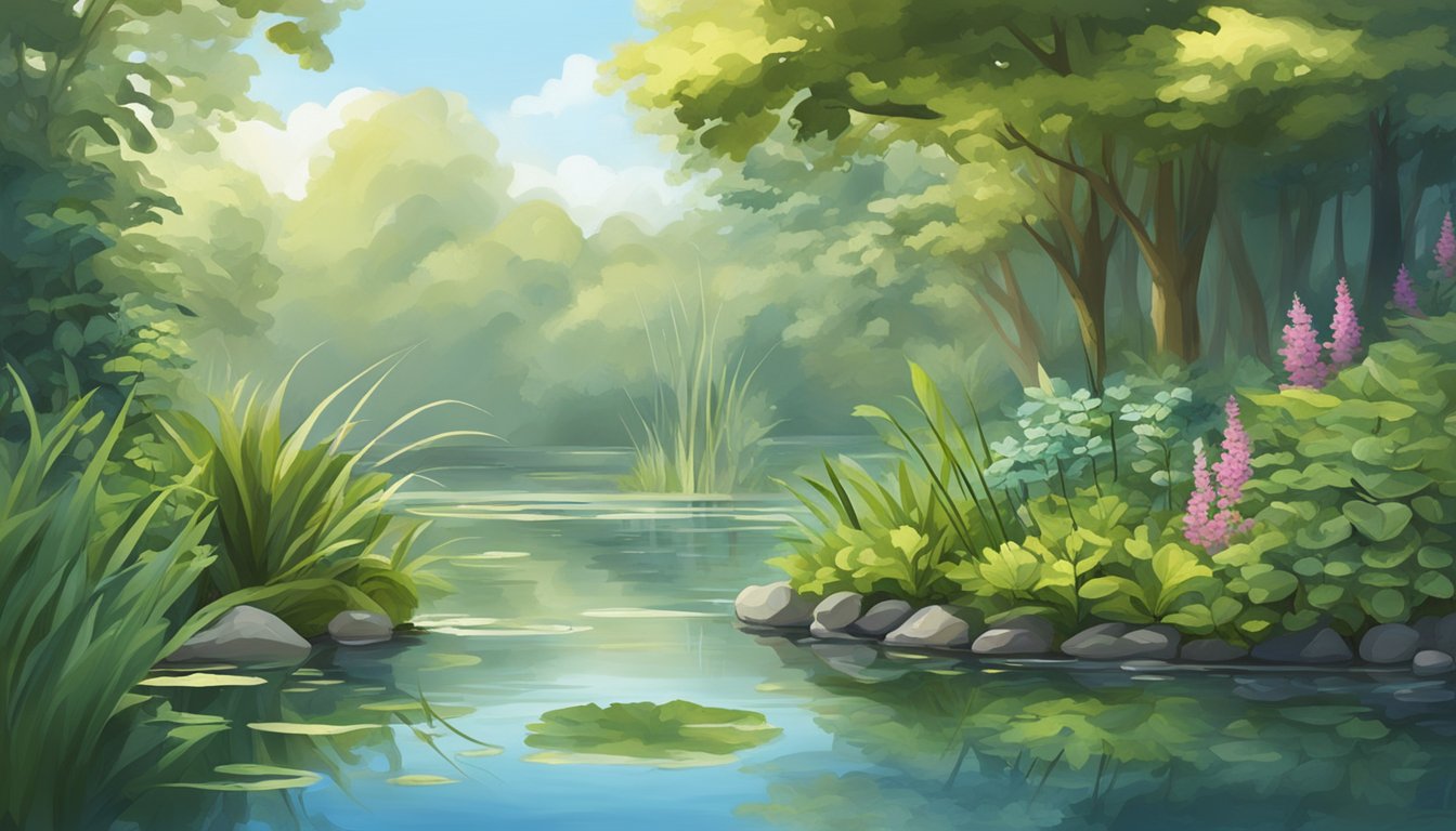 A tranquil pond surrounded by lush herbs and plants, with a fishing rod casting into the water