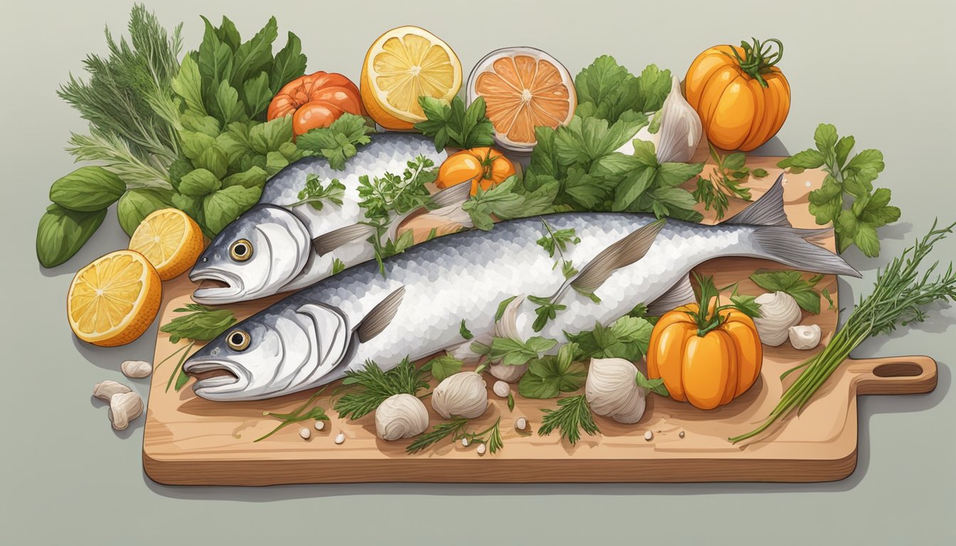 A pile of fish bones and heads arranged on a cutting board, surrounded by various herbs and vegetables, ready to be turned into gourmet fish stock