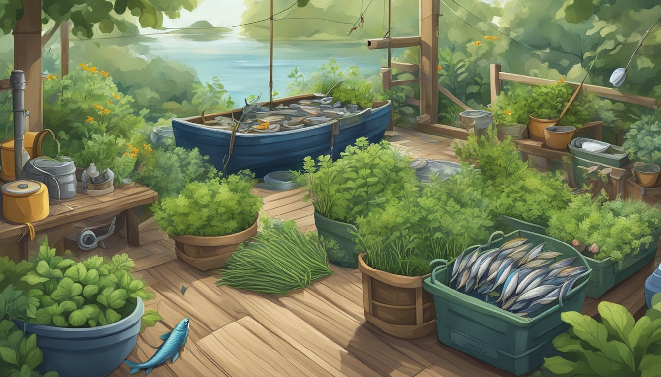 A lush herb garden surrounded by fishing gear and fresh caught fish