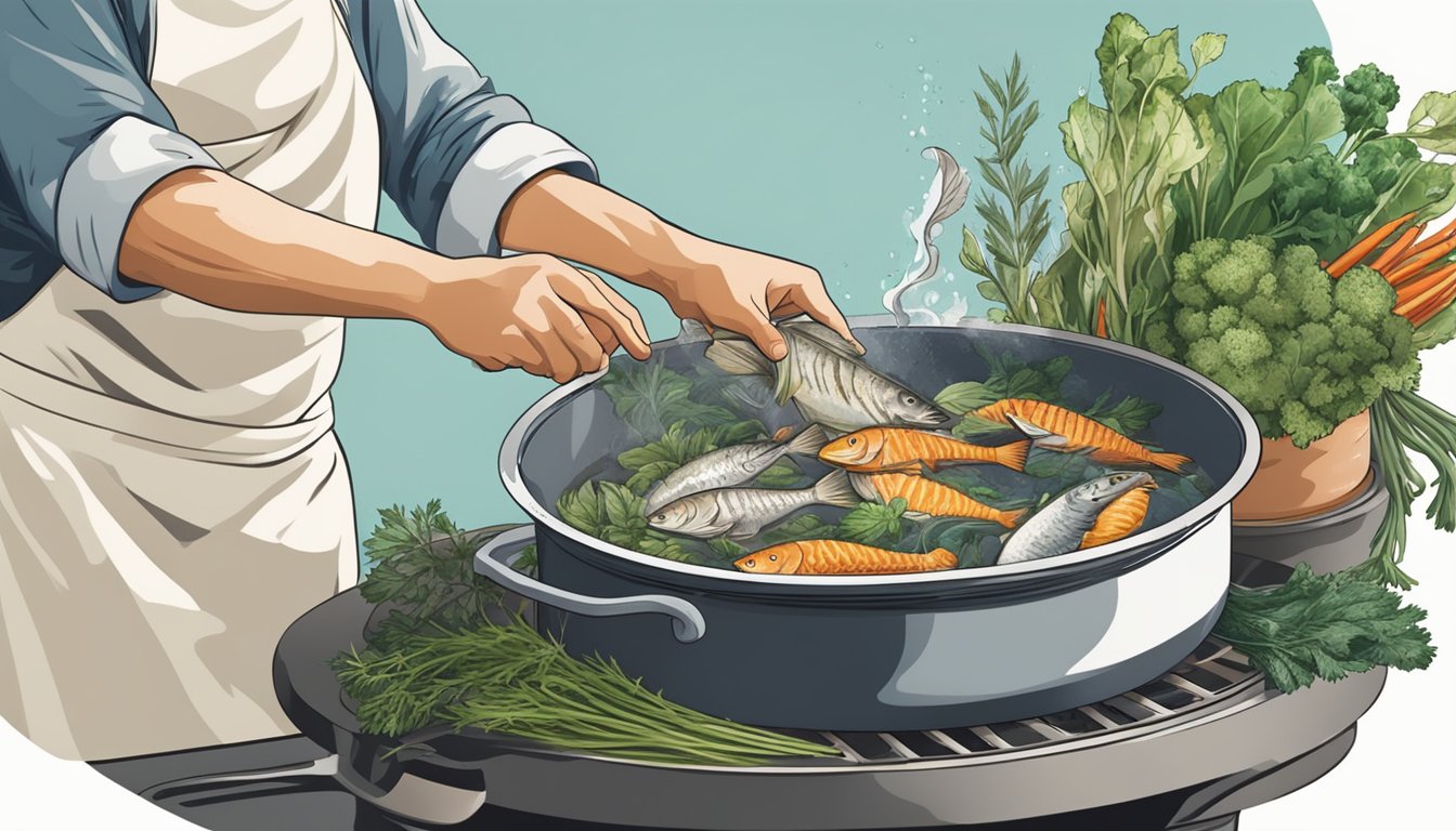 A chef pouring fish stock into a pot filled with fish bones, herbs, and vegetables, simmering on a stovetop