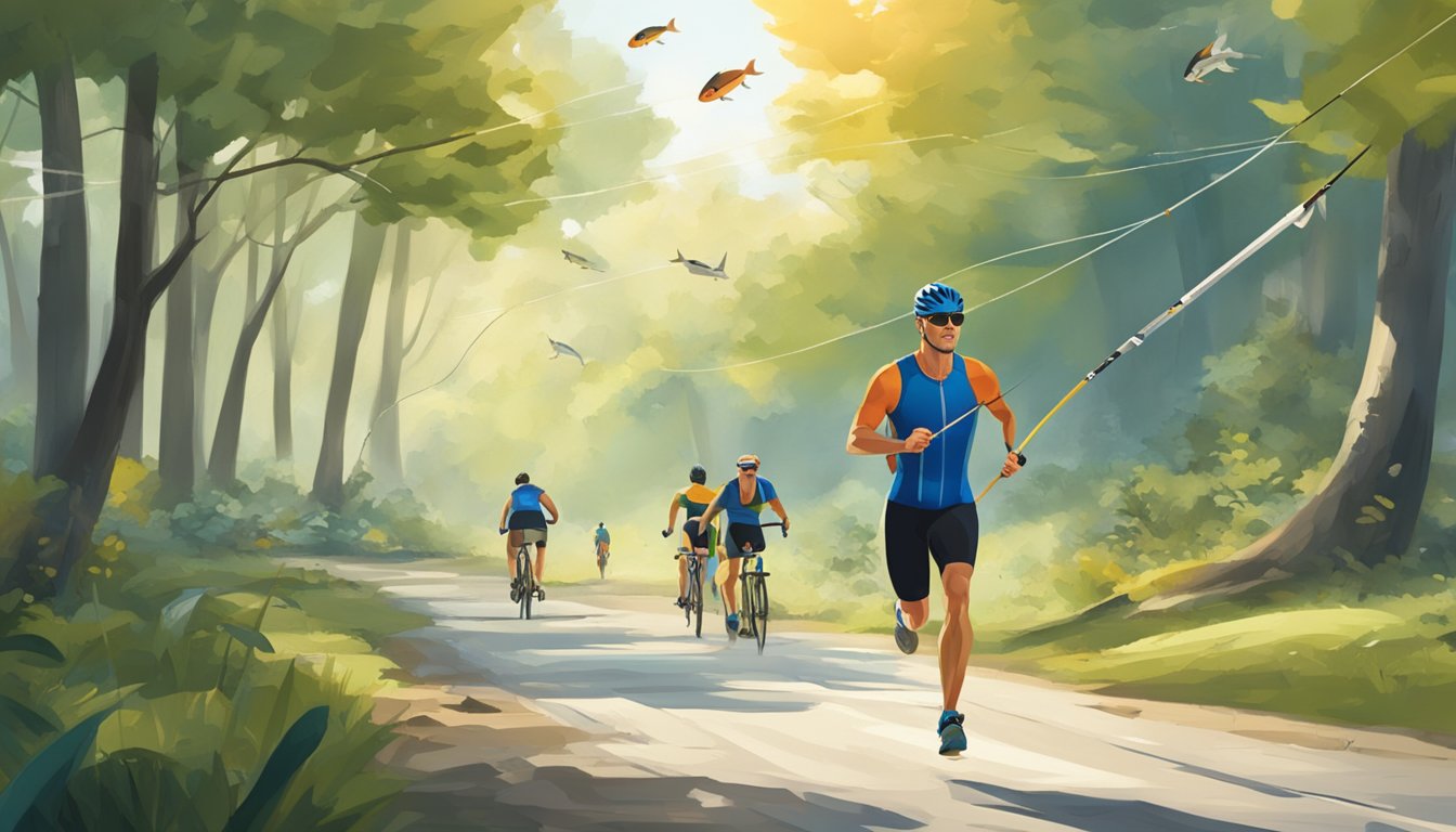 A triathlete running with a fishing rod, bike and kayak nearby, fish hanging from the rod, and a finish line in the distance