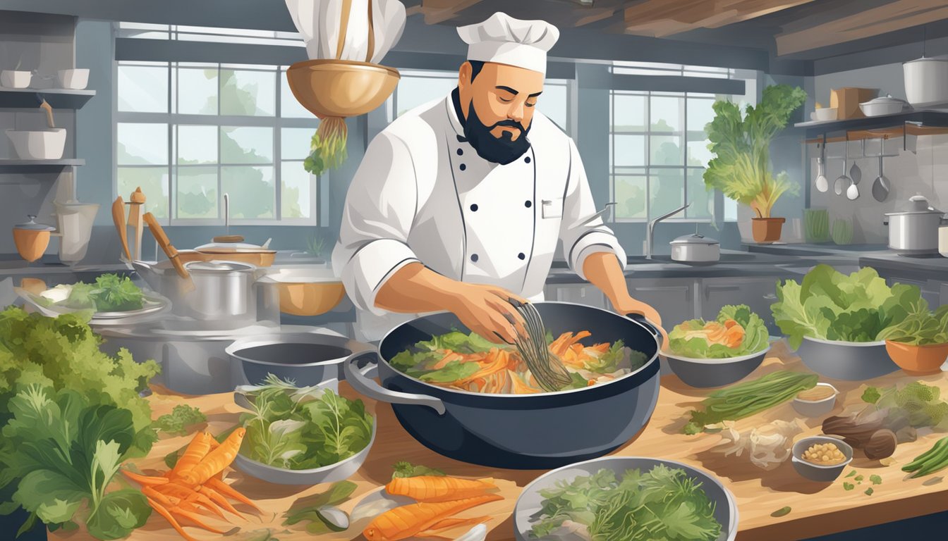 A chef carefully collects fish bones and vegetable scraps, simmering them in a pot to create rich, flavorful gourmet stock for sustainable cooking