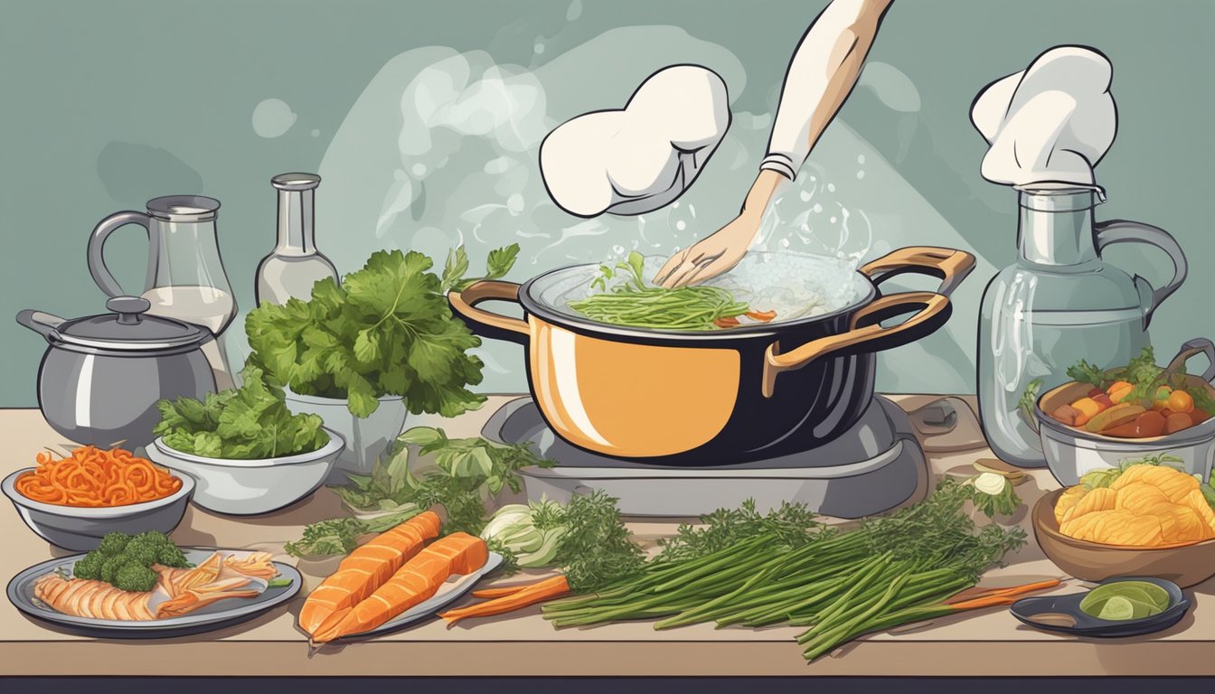 A chef carefully simmers fish bones in a pot with aromatic vegetables, herbs, and water to create a rich and flavorful gourmet stock