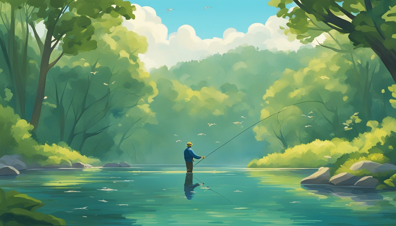 A serene lake with a fisherman casting a line, surrounded by lush green trees and a clear blue sky. A school of fish swims beneath the surface, while a bottle of fish oil sits on the shore