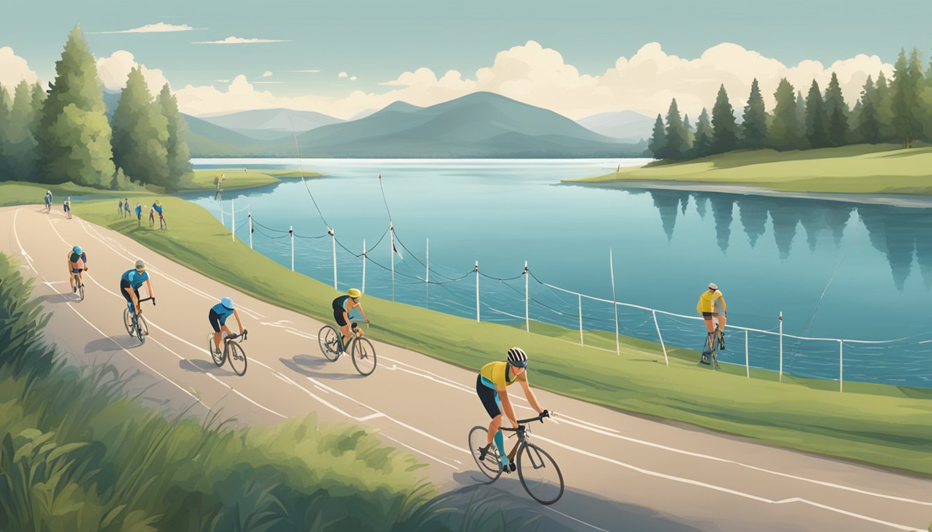 A triathlon course set against a serene lake, with fishermen casting lines from the shore and athletes racing to complete the course