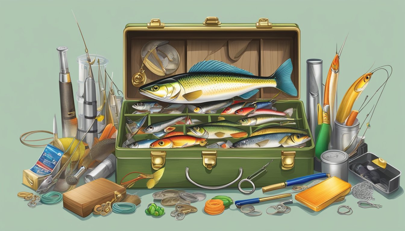 A fisherman's tackle box spills open, revealing an assortment of lures, baits, and fishing line. A triathlon medal sits nearby, hinting at the angler's competitive spirit